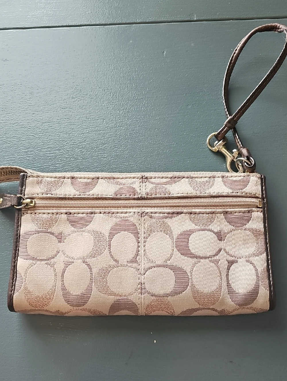 Coach Signature Jacquard Wristlet Womens OS Tan Brown Monogram Canvas‎ Leather